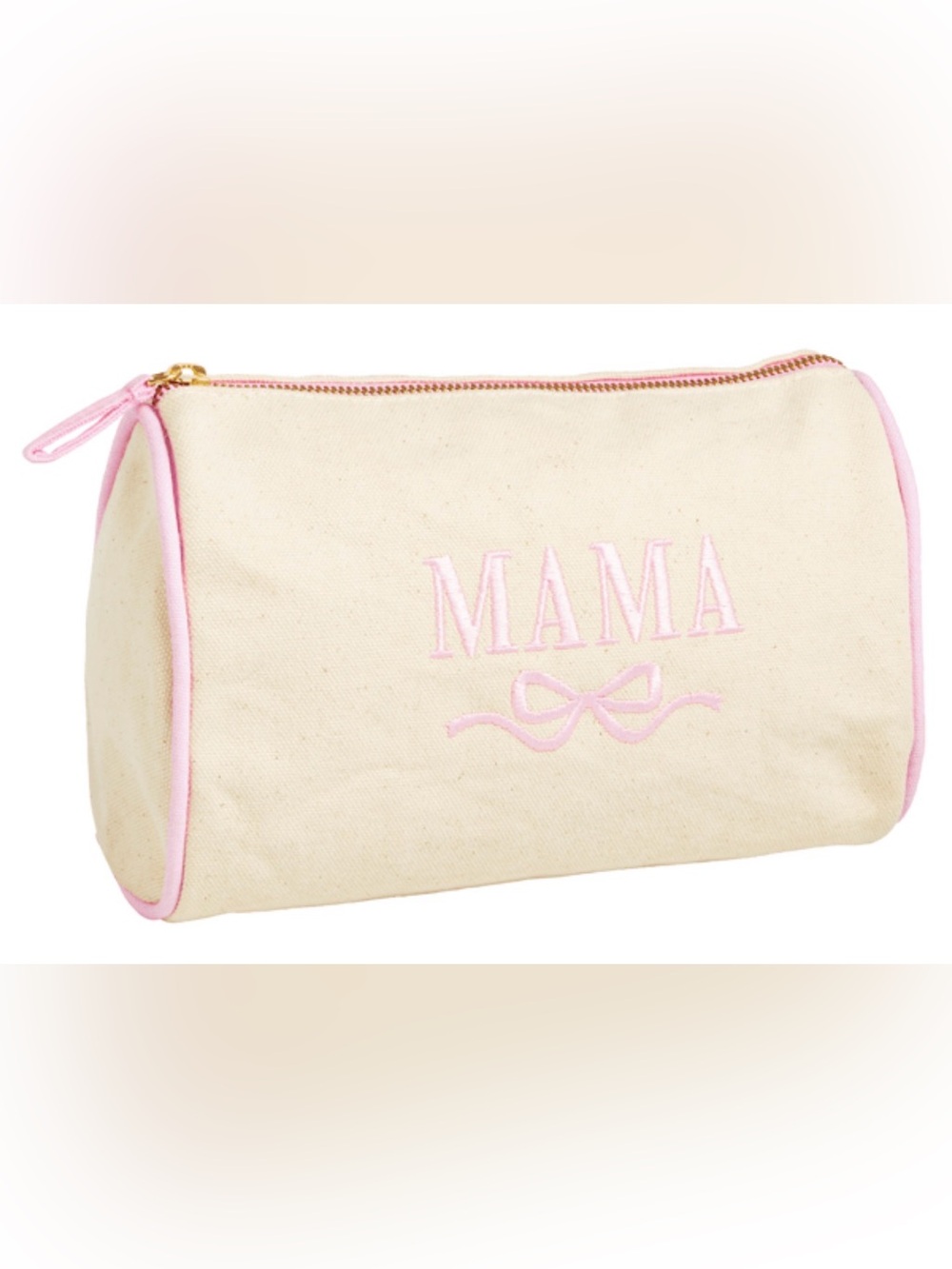 Canvas 'MAMA' Cosmetic Pouch — Cream with Pink Trim